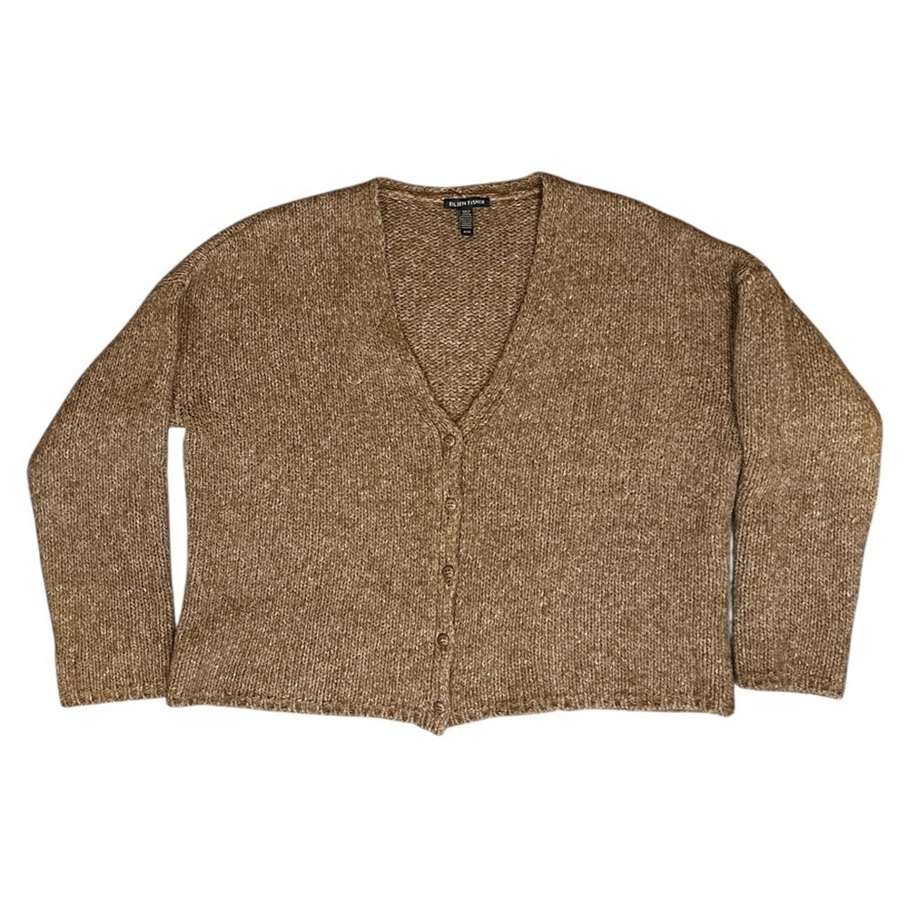 Eileen Fisher Baby Alpaca Blend Boxy Cropped Modern Cardigan Brown Womens Medium